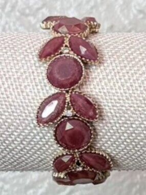 Pink Faceted Cabochon Gemstone Gold Link Stretch Cuff Bracelet NWOT